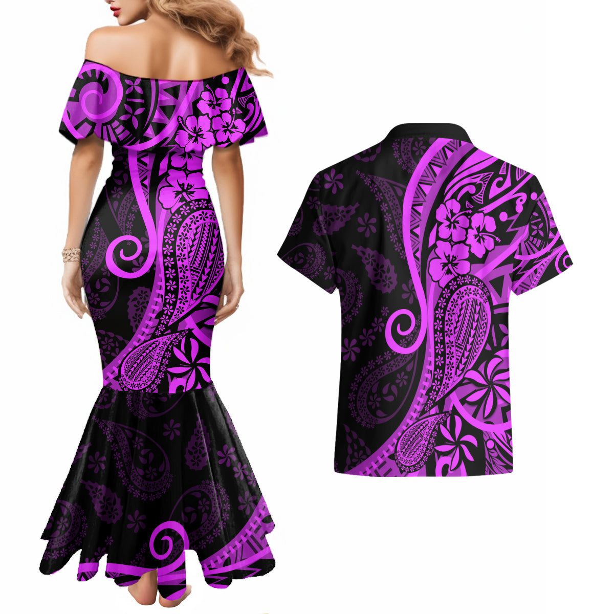 Polynesia Paisley Couples Matching Mermaid Dress and Hawaiian Shirt Polynesian With Tropical Flowers - Purple LT14 - Polynesian Pride
