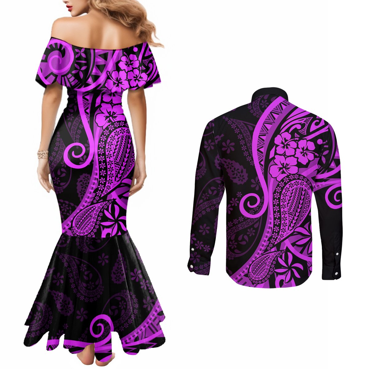 Polynesia Paisley Couples Matching Mermaid Dress and Long Sleeve Button Shirt Polynesian With Tropical Flowers - Purple LT14 - Polynesian Pride