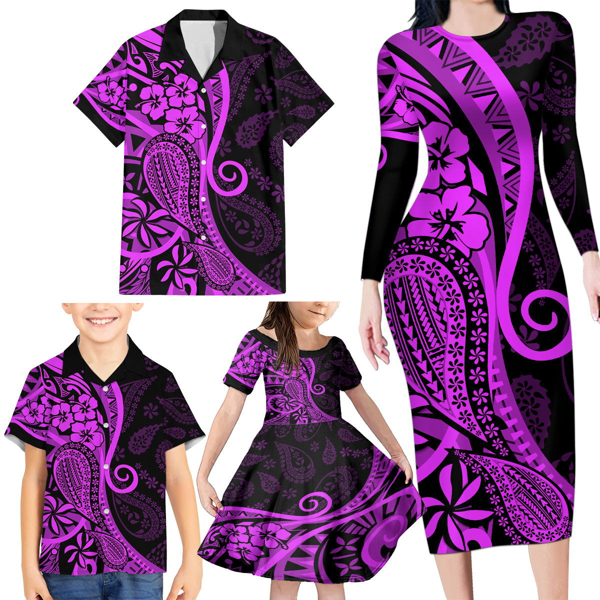 Polynesia Paisley Family Matching Long Sleeve Bodycon Dress and Hawaiian Shirt Polynesian With Tropical Flowers - Purple LT14 - Polynesian Pride