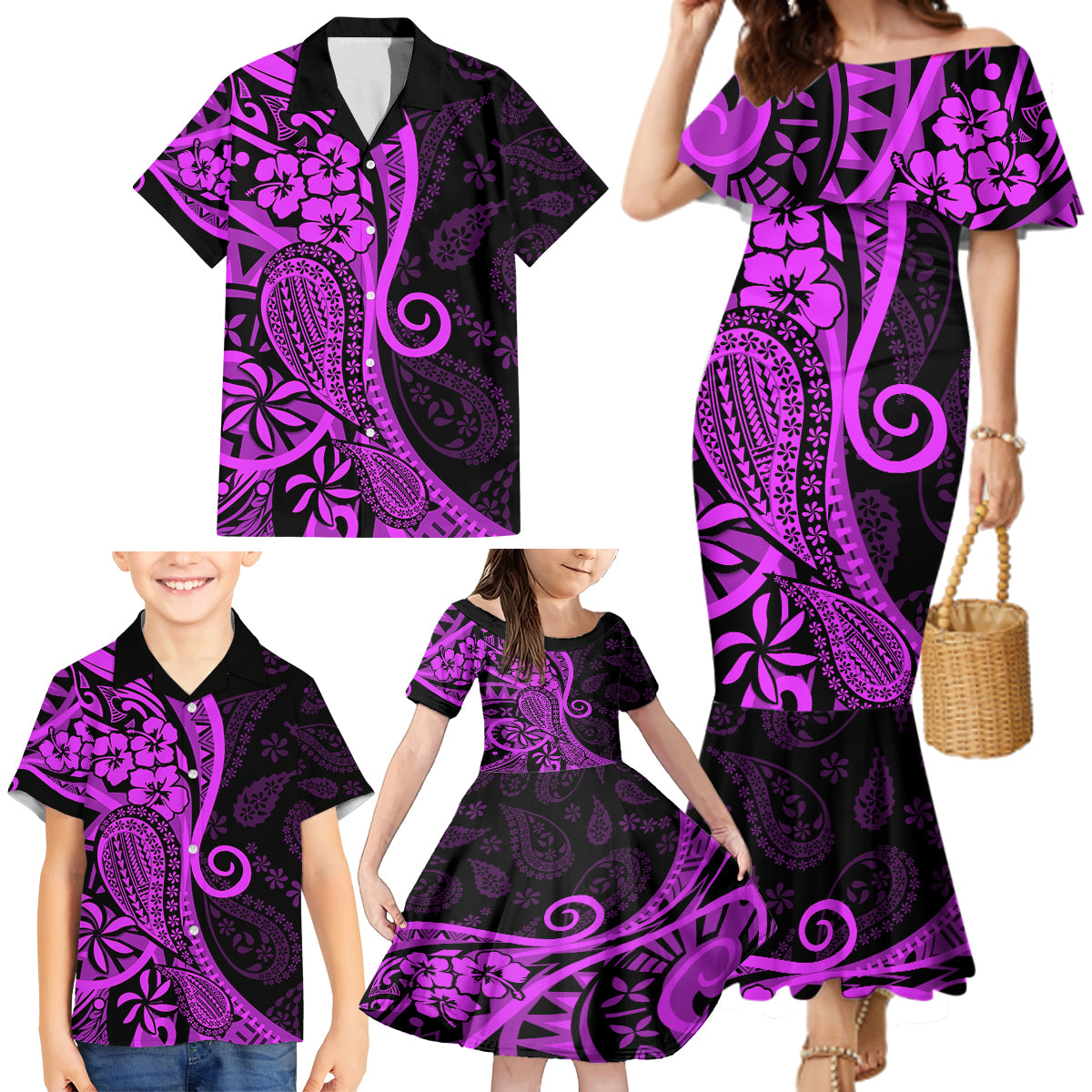 Polynesia Paisley Family Matching Mermaid Dress and Hawaiian Shirt Polynesian With Tropical Flowers - Purple LT14 - Polynesian Pride