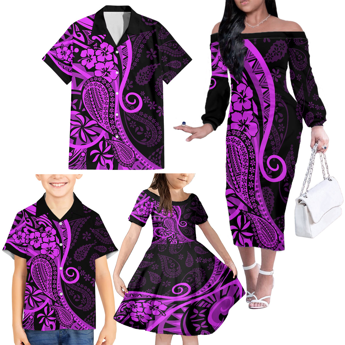 Polynesia Paisley Family Matching Off Shoulder Long Sleeve Dress and Hawaiian Shirt Polynesian With Tropical Flowers - Purple LT14 - Polynesian Pride