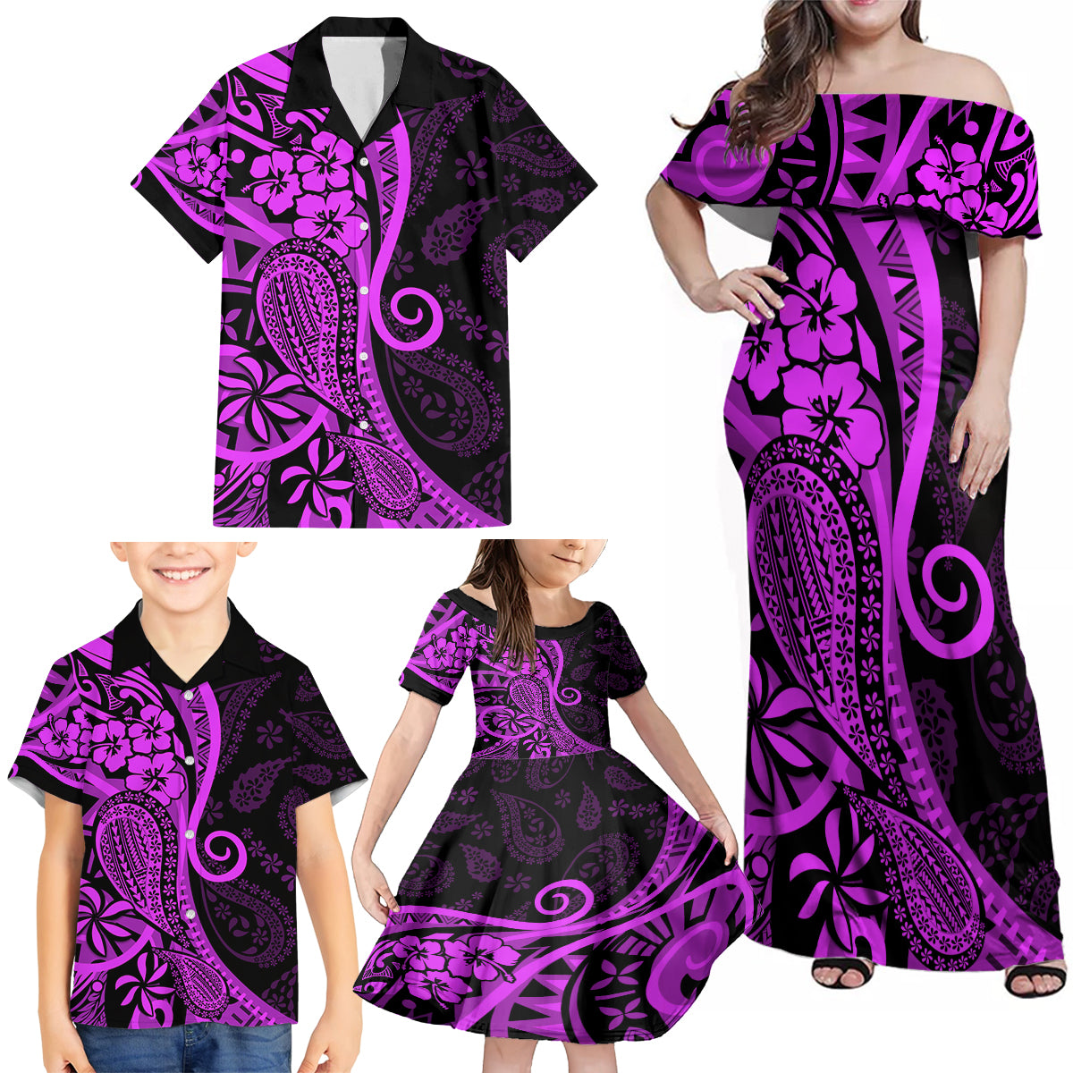 Polynesia Paisley Family Matching Off Shoulder Maxi Dress and Hawaiian Shirt Polynesian With Tropical Flowers - Purple LT14 - Polynesian Pride