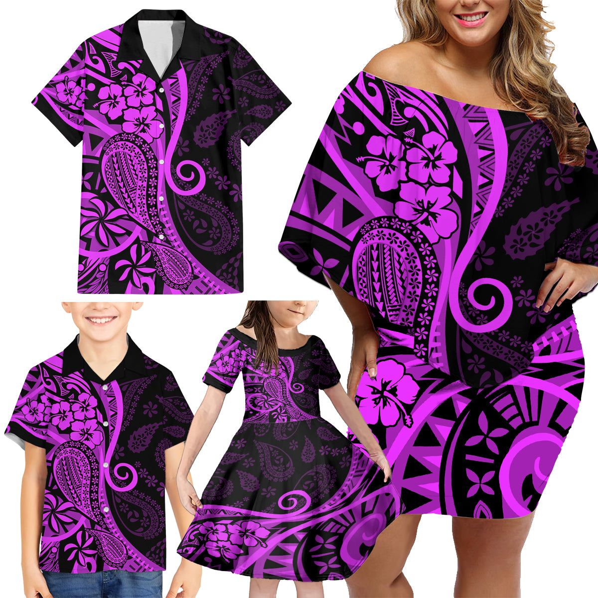 Polynesia Paisley Family Matching Off Shoulder Short Dress and Hawaiian Shirt Polynesian With Tropical Flowers - Purple LT14 - Polynesian Pride