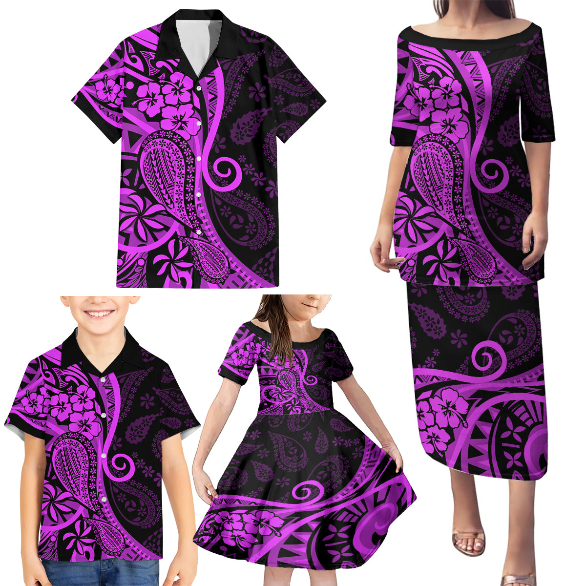 Polynesia Paisley Family Matching Puletasi Dress and Hawaiian Shirt Polynesian With Tropical Flowers - Purple LT14 - Polynesian Pride