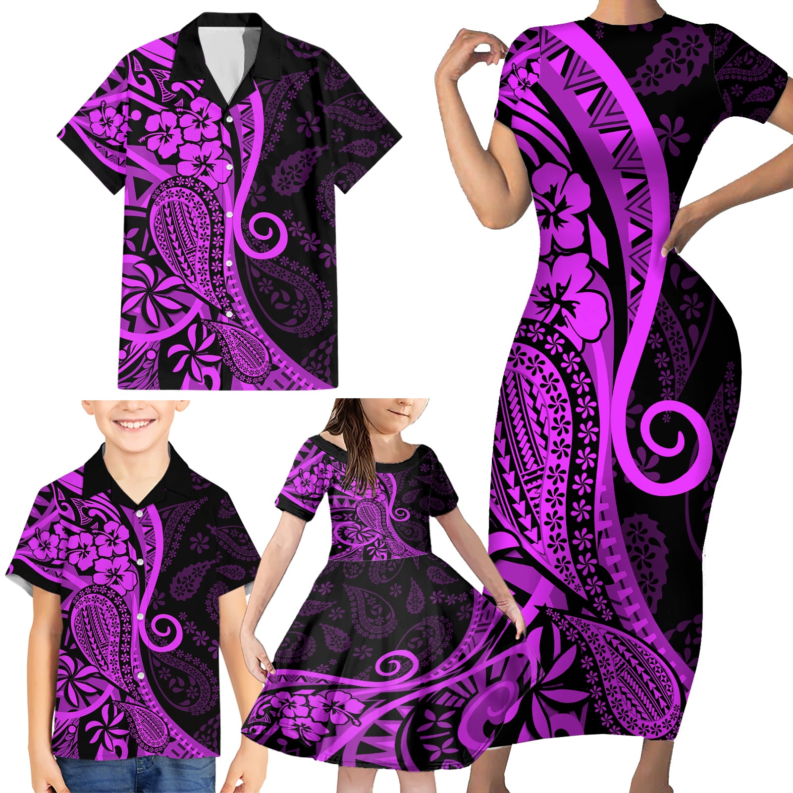 Polynesia Paisley Family Matching Short Sleeve Bodycon Dress and Hawaiian Shirt Polynesian With Tropical Flowers - Purple LT14 - Polynesian Pride