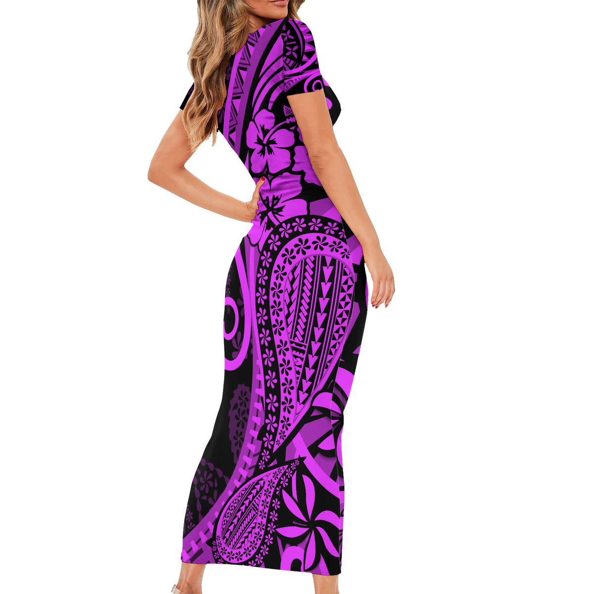 Polynesia Paisley Family Matching Short Sleeve Bodycon Dress and Hawaiian Shirt Polynesian With Tropical Flowers - Purple LT14 - Polynesian Pride