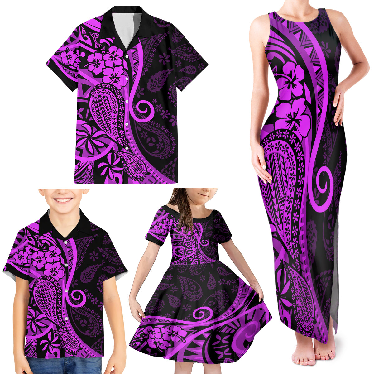 Polynesia Paisley Family Matching Tank Maxi Dress and Hawaiian Shirt Polynesian With Tropical Flowers - Purple LT14 - Polynesian Pride