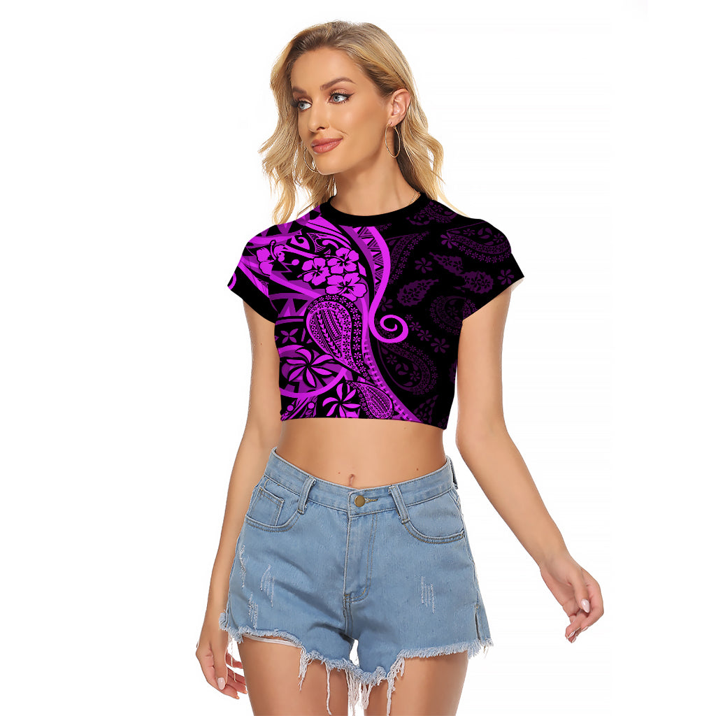 Polynesia Paisley Raglan Cropped T Shirt Polynesian With Tropical Flowers - Purple LT14 Female Purple - Polynesian Pride