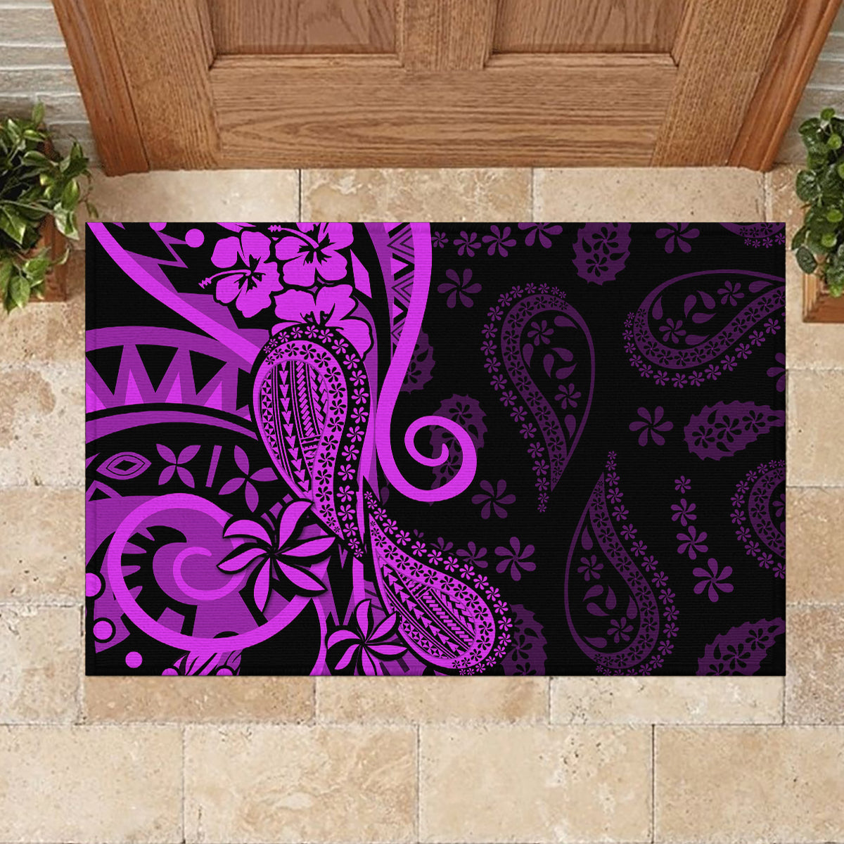 Polynesia Paisley Rubber Doormat Polynesian With Tropical Flowers - Purple LT14 - Polynesian Pride