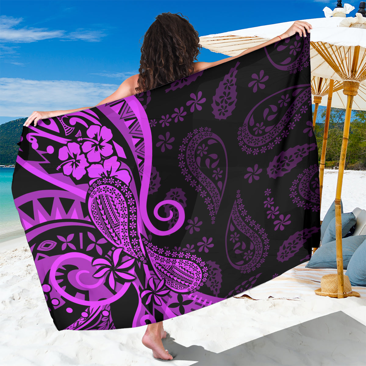 Polynesia Paisley Sarong Polynesian With Tropical Flowers - Purple LT14 One Size 44 x 66 inches Purple - Polynesian Pride