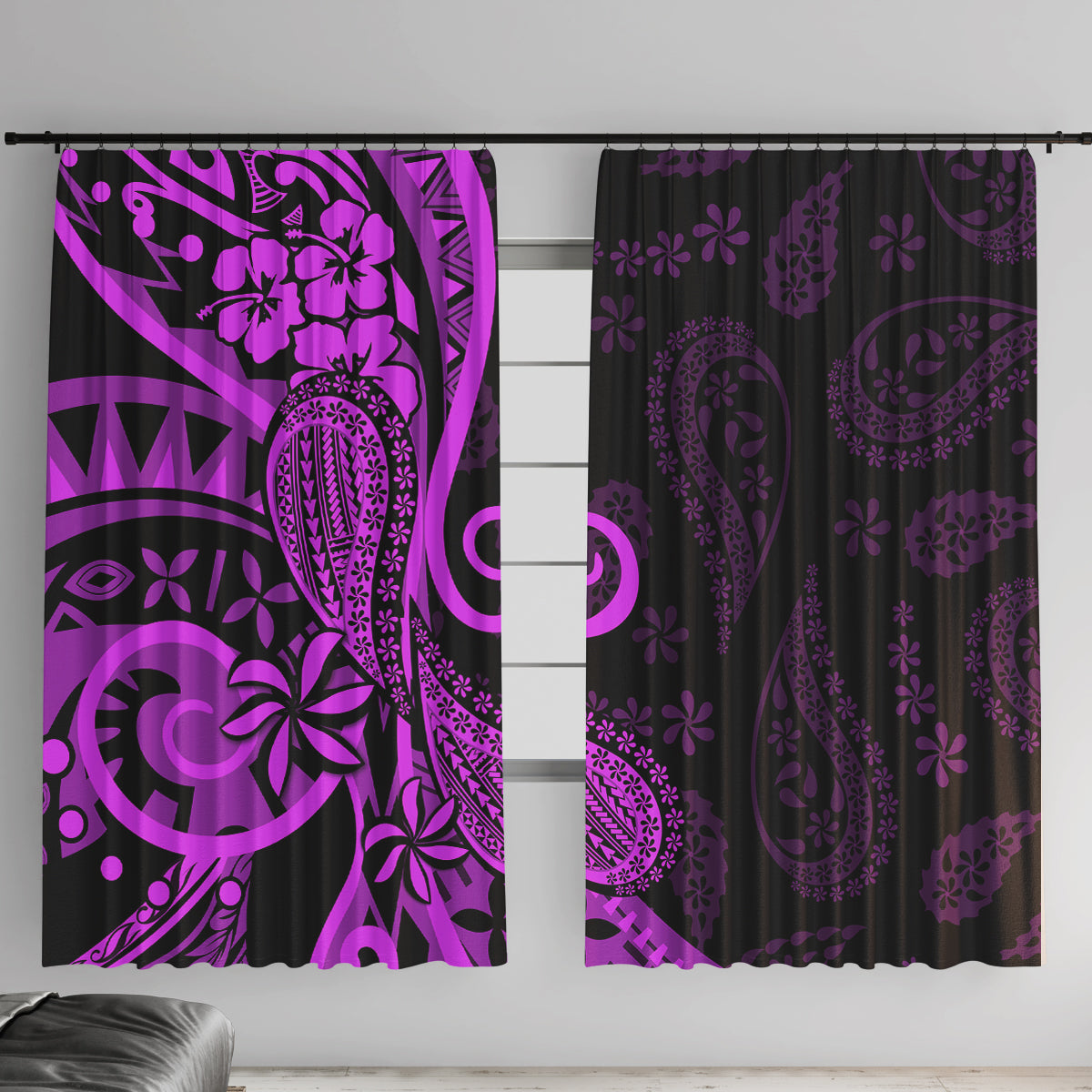 Polynesia Paisley Window Curtain Polynesian With Tropical Flowers - Purple LT14 With Hooks Purple - Polynesian Pride