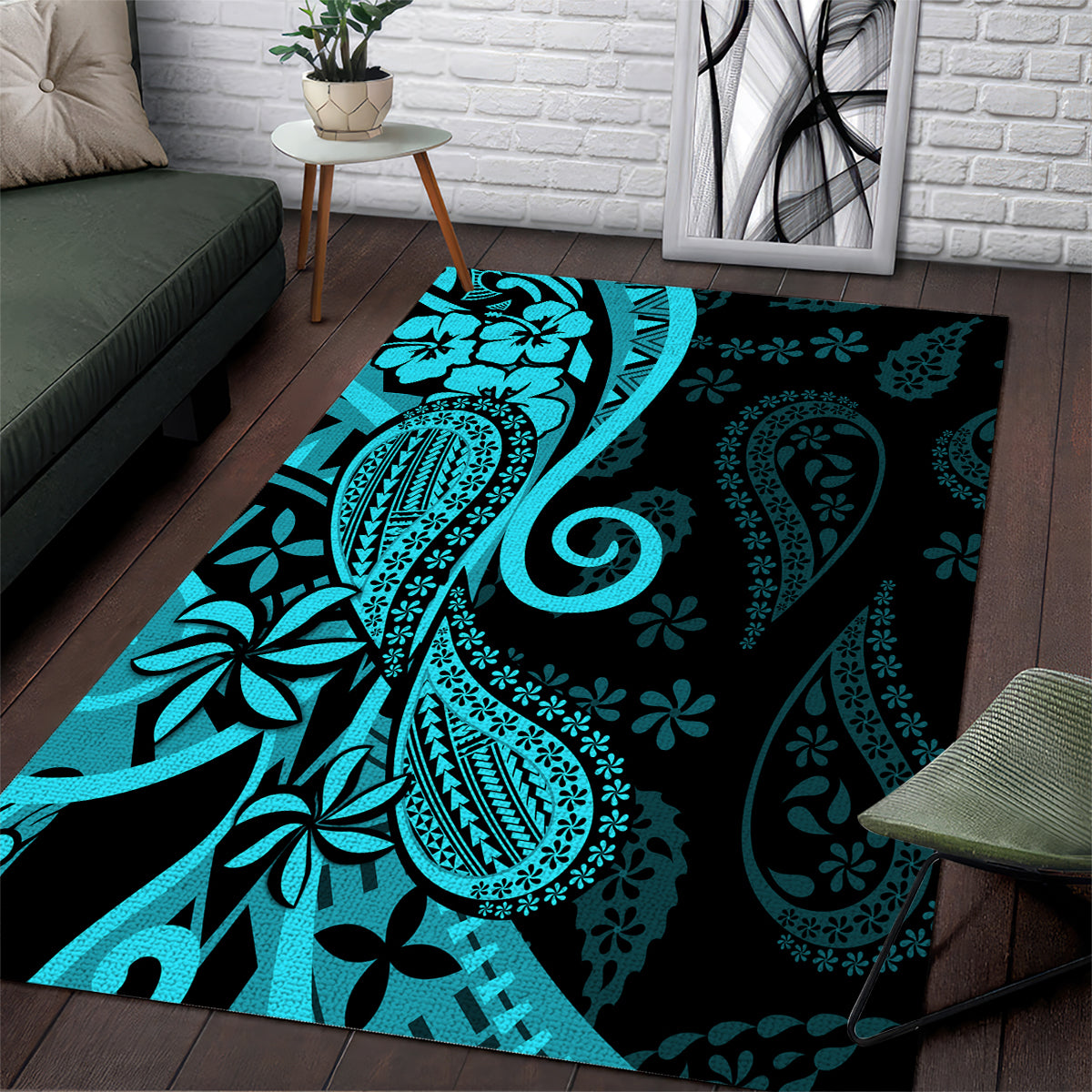 Polynesia Paisley Area Rug Polynesian With Tropical Flowers - Turquoise LT14 Turquoise - Polynesian Pride