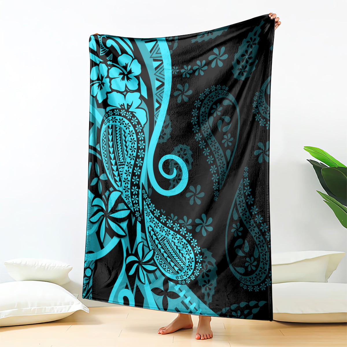 Polynesia Paisley Blanket Polynesian With Tropical Flowers - Turquoise LT14 Turquoise - Polynesian Pride