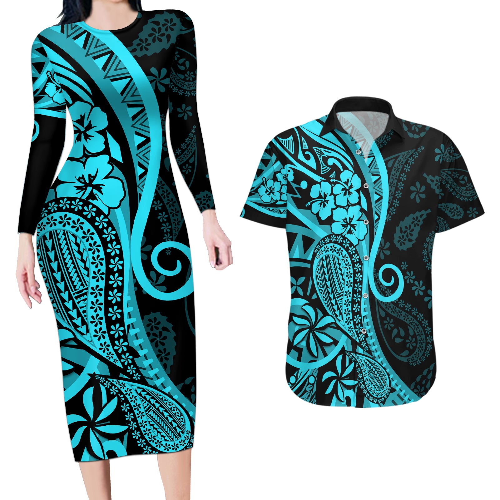 Polynesia Paisley Couples Matching Long Sleeve Bodycon Dress and Hawaiian Shirt Polynesian With Tropical Flowers - Turquoise LT14 Turquoise - Polynesian Pride