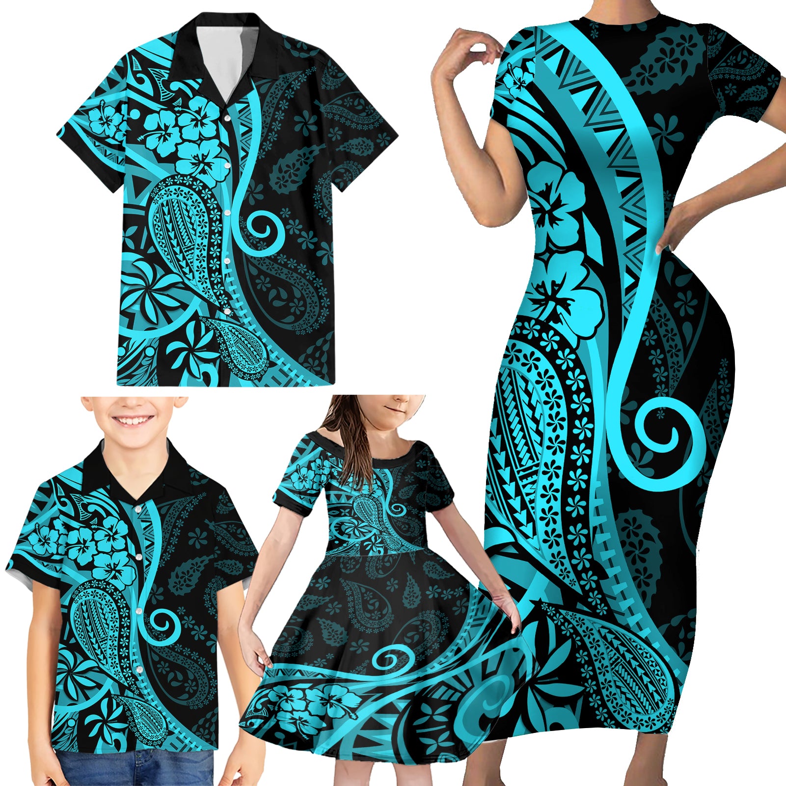 Polynesia Paisley Family Matching Short Sleeve Bodycon Dress and Hawaiian Shirt Polynesian With Tropical Flowers - Turquoise LT14 - Polynesian Pride