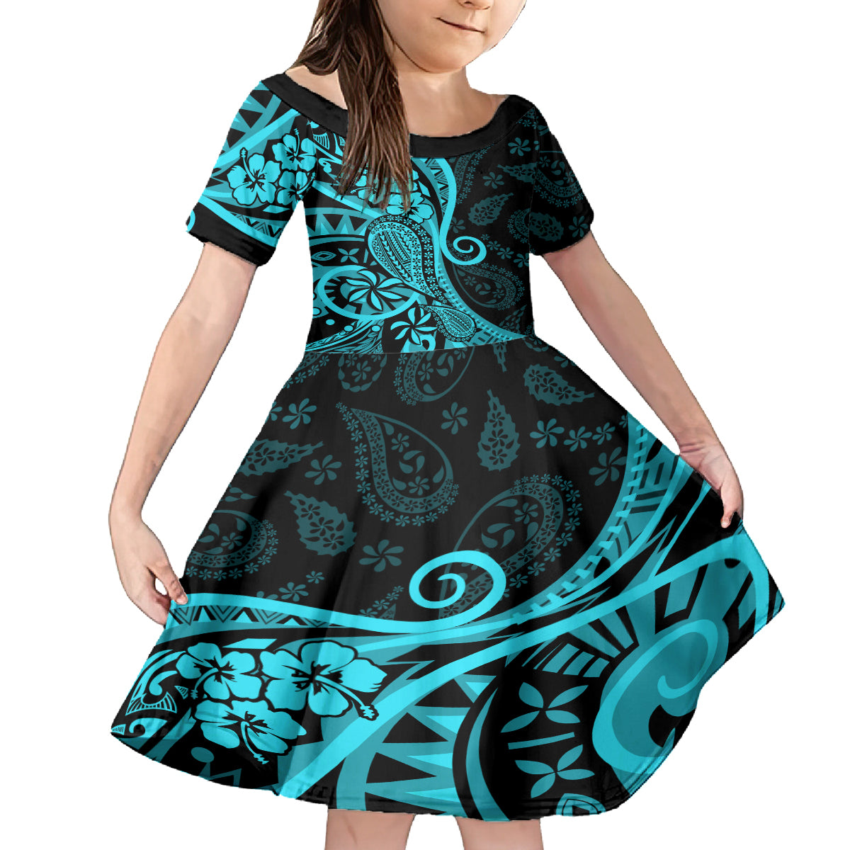 Polynesia Paisley Kid Short Sleeve Dress Polynesian With Tropical Flowers - Turquoise LT14 KID Turquoise - Polynesian Pride