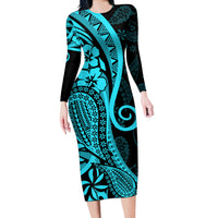 Polynesia Paisley Long Sleeve Bodycon Dress Polynesian With Tropical Flowers - Turquoise LT14 Long Dress Turquoise - Polynesian Pride