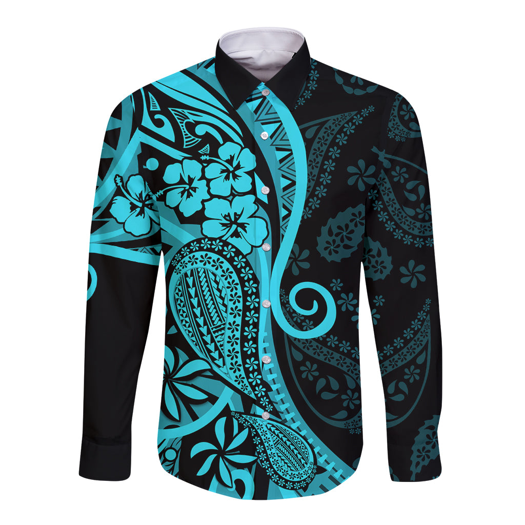 Polynesia Paisley Long Sleeve Button Shirt Polynesian With Tropical Flowers - Turquoise LT14 Unisex Turquoise - Polynesian Pride