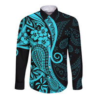 Polynesia Paisley Long Sleeve Button Shirt Polynesian With Tropical Flowers - Turquoise LT14 Unisex Turquoise - Polynesian Pride