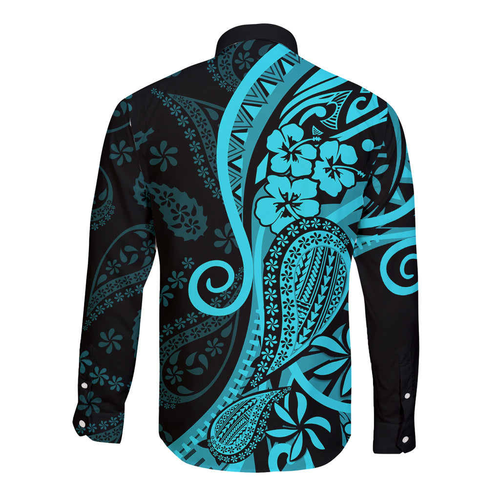 Polynesia Paisley Long Sleeve Button Shirt Polynesian With Tropical Flowers - Turquoise LT14 - Polynesian Pride