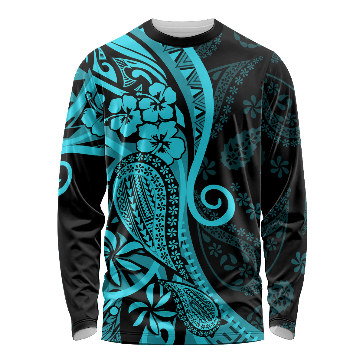 Polynesia Paisley Long Sleeve Shirt Polynesian With Tropical Flowers - Turquoise LT14 Unisex Turquoise - Polynesian Pride