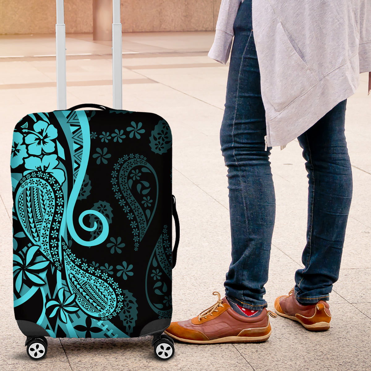 Polynesia Paisley Luggage Cover Polynesian With Tropical Flowers - Turquoise LT14 Turquoise - Polynesian Pride