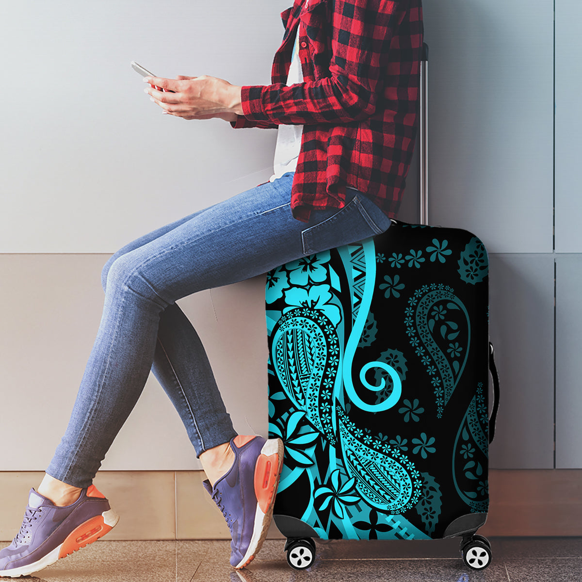 Polynesia Paisley Luggage Cover Polynesian With Tropical Flowers - Turquoise LT14 - Polynesian Pride