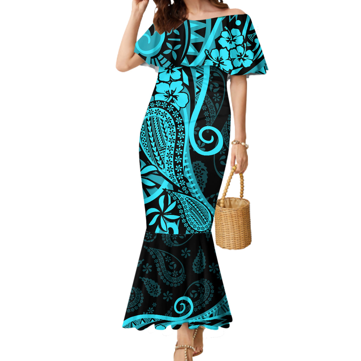 Polynesia Paisley Mermaid Dress Polynesian With Tropical Flowers - Turquoise LT14 Women Turquoise - Polynesian Pride