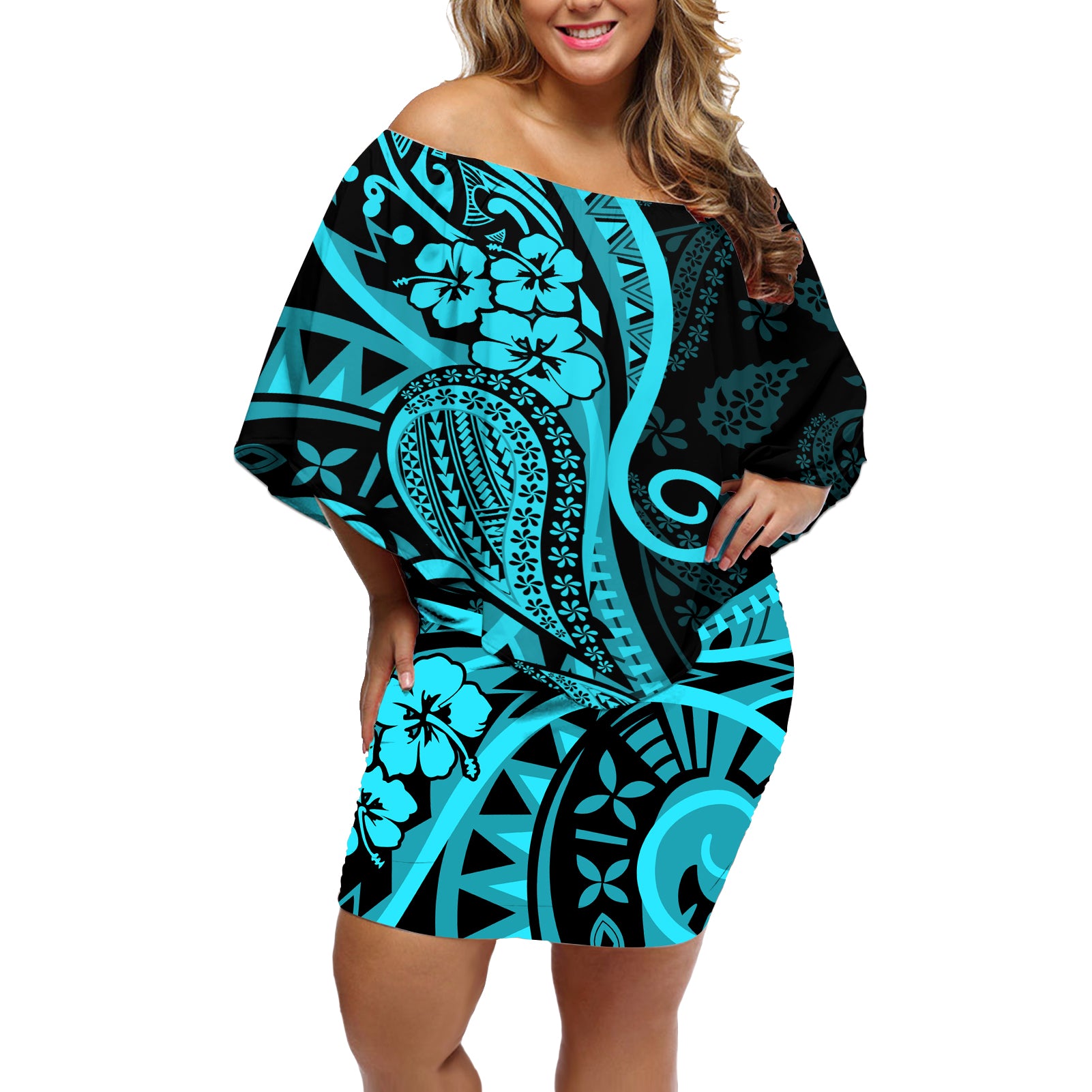 Polynesia Paisley Off Shoulder Short Dress Polynesian With Tropical Flowers - Turquoise LT14 Women Turquoise - Polynesian Pride