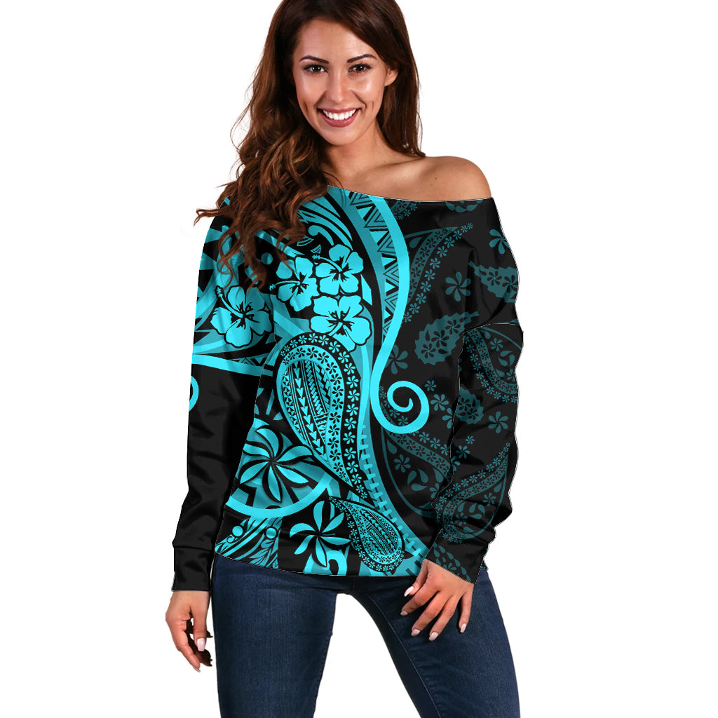 Polynesia Paisley Off Shoulder Sweater Polynesian With Tropical Flowers - Turquoise LT14 Women Turquoise - Polynesian Pride