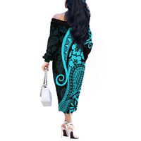 Polynesia Paisley Off The Shoulder Long Sleeve Dress Polynesian With Tropical Flowers - Turquoise LT14 - Polynesian Pride