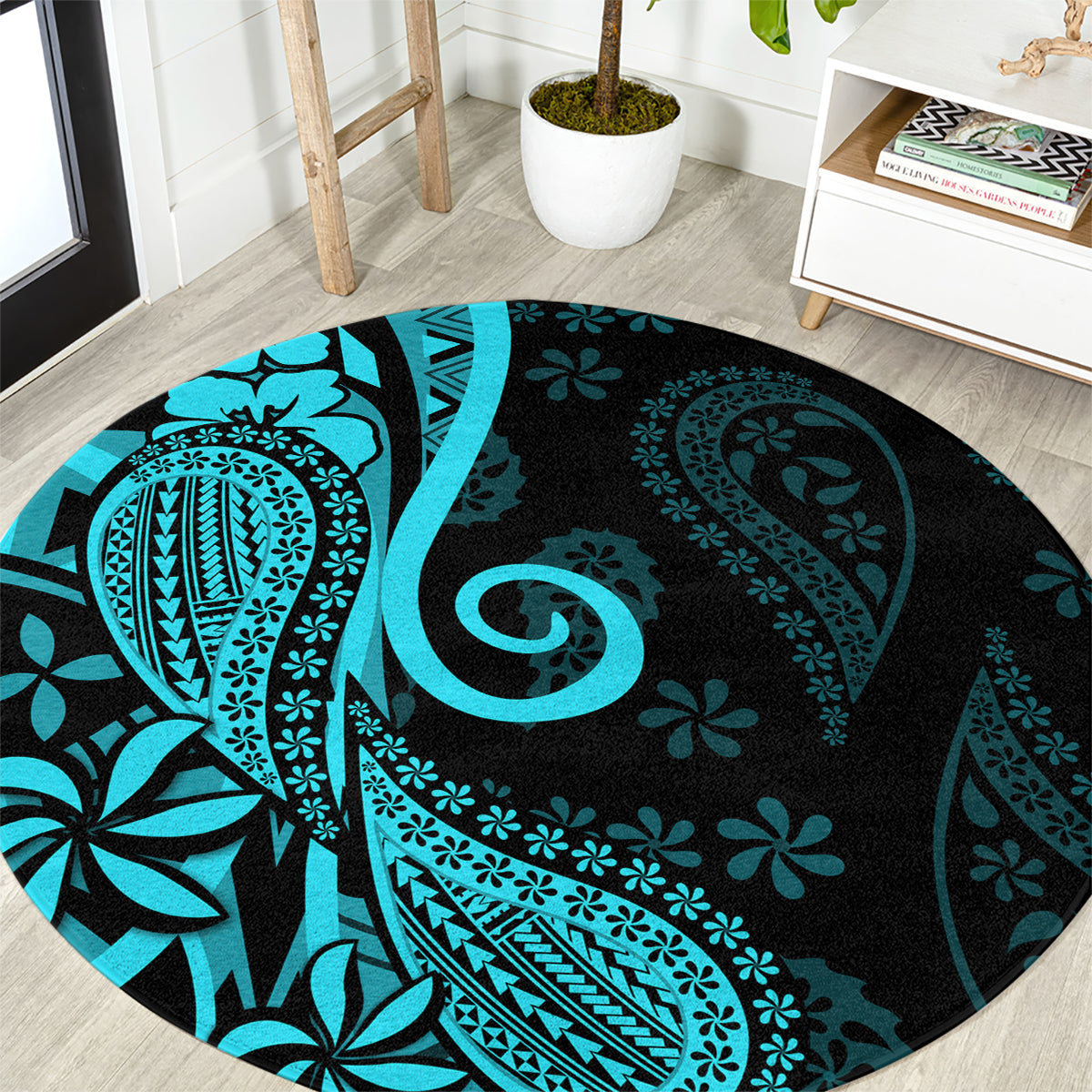 Polynesia Paisley Round Carpet Polynesian With Tropical Flowers - Turquoise LT14 Turquoise - Polynesian Pride