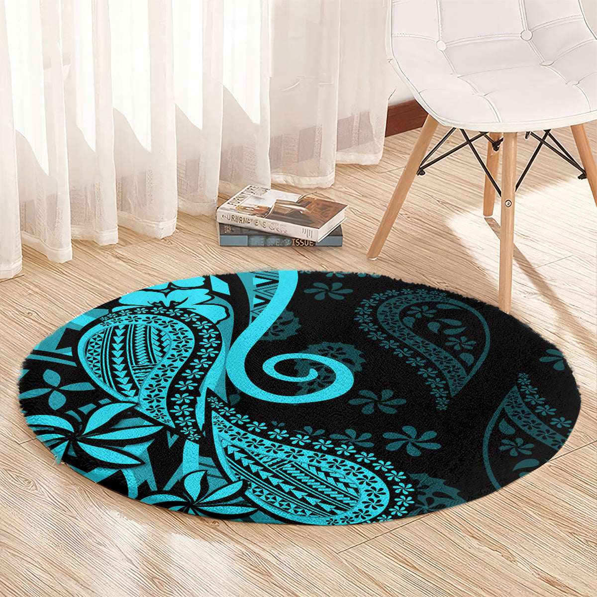 Polynesia Paisley Round Carpet Polynesian With Tropical Flowers - Turquoise LT14 - Polynesian Pride