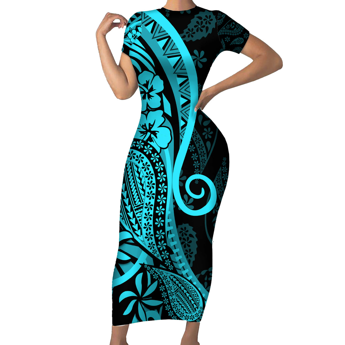 Polynesia Paisley Short Sleeve Bodycon Dress Polynesian With Tropical Flowers - Turquoise LT14 Long Dress Turquoise - Polynesian Pride