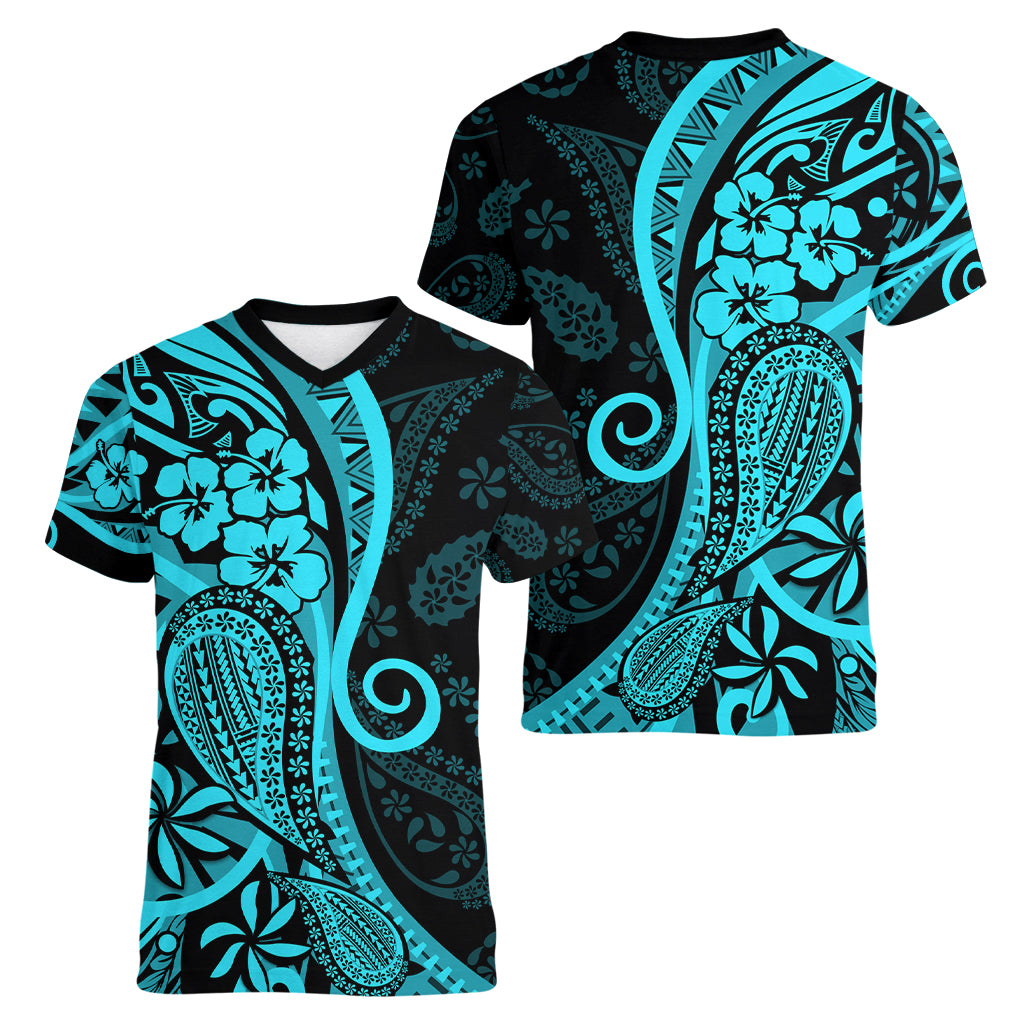 Polynesia Paisley Women V Neck T Shirt Polynesian With Tropical Flowers - Turquoise LT14 - Polynesian Pride