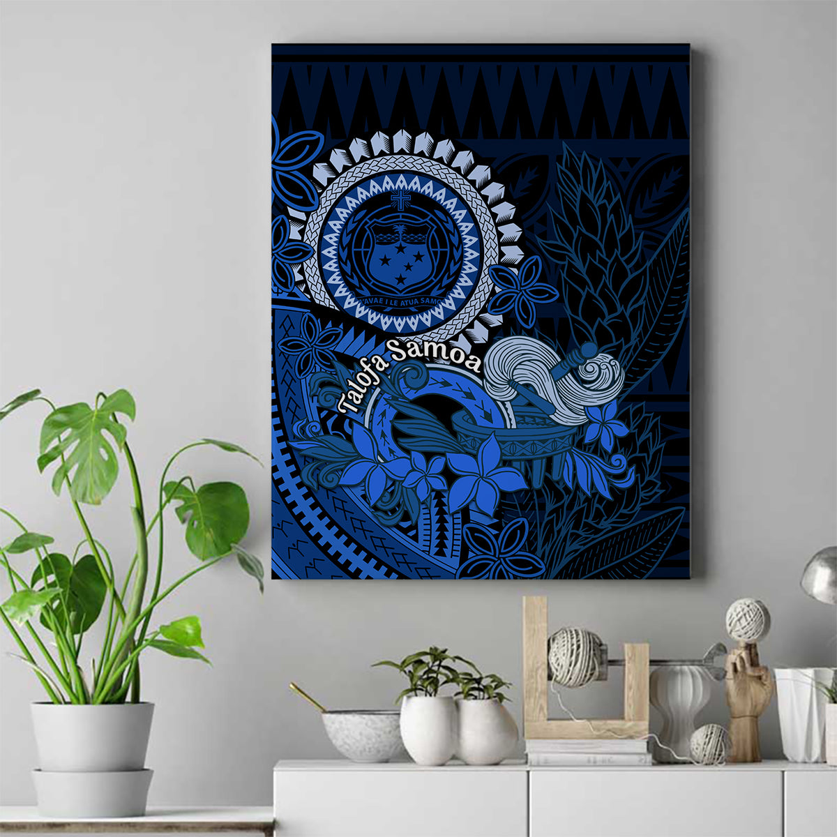 Talofa Samoa Canvas Wall Art Samoan Kava Bowl Siapo Pattern - Blue LT14 Blue - Polynesian Pride