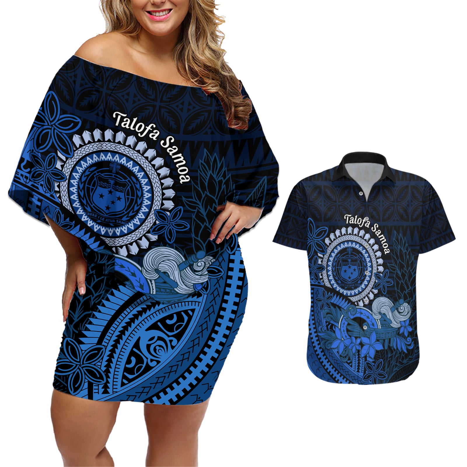 Talofa Samoa Couples Matching Off Shoulder Short Dress and Hawaiian Shirt Samoan Kava Bowl Siapo Pattern - Blue LT14 Blue - Polynesian Pride