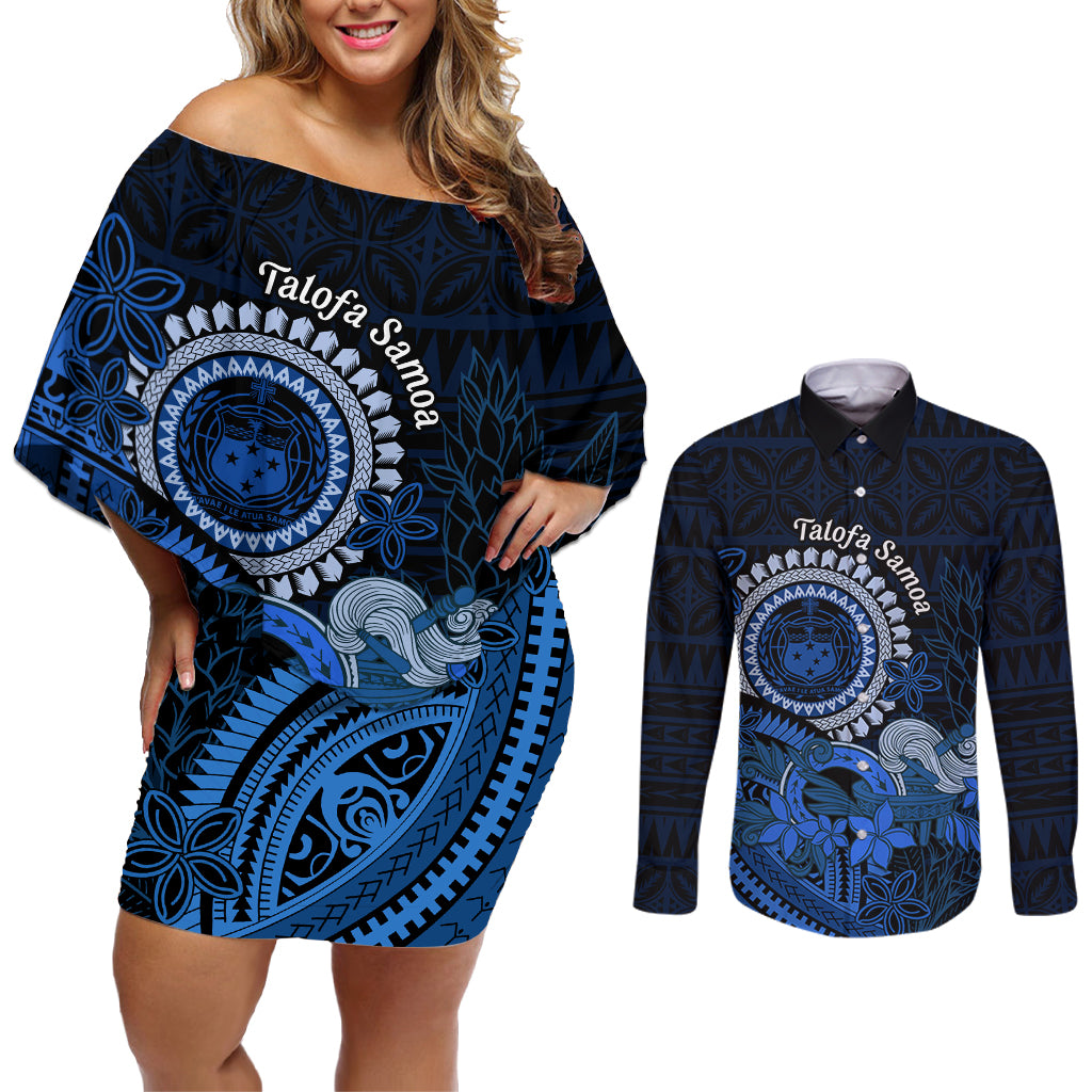 Talofa Samoa Couples Matching Off Shoulder Short Dress and Long Sleeve Button Shirt Samoan Kava Bowl Siapo Pattern - Blue LT14 Blue - Polynesian Pride