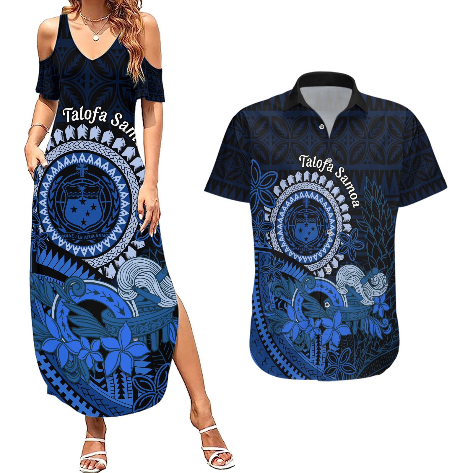 Talofa Samoa Couples Matching Summer Maxi Dress and Hawaiian Shirt Samoan Kava Bowl Siapo Pattern - Blue LT14 Blue - Polynesian Pride