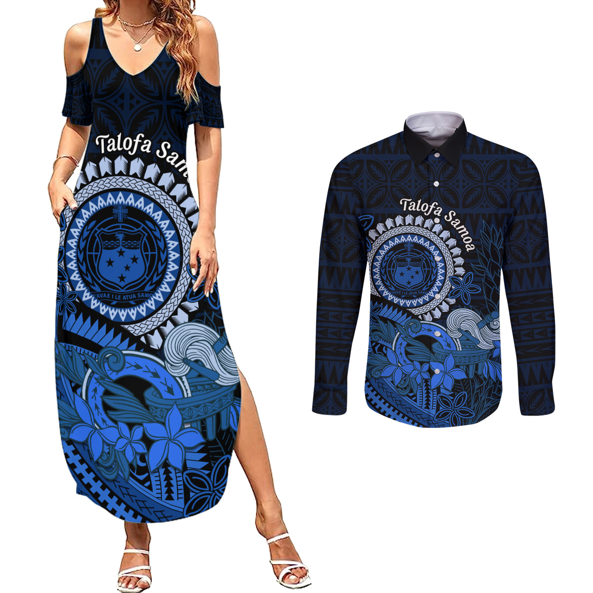 Talofa Samoa Couples Matching Summer Maxi Dress and Long Sleeve Button Shirt Samoan Kava Bowl Siapo Pattern - Blue LT14 Blue - Polynesian Pride