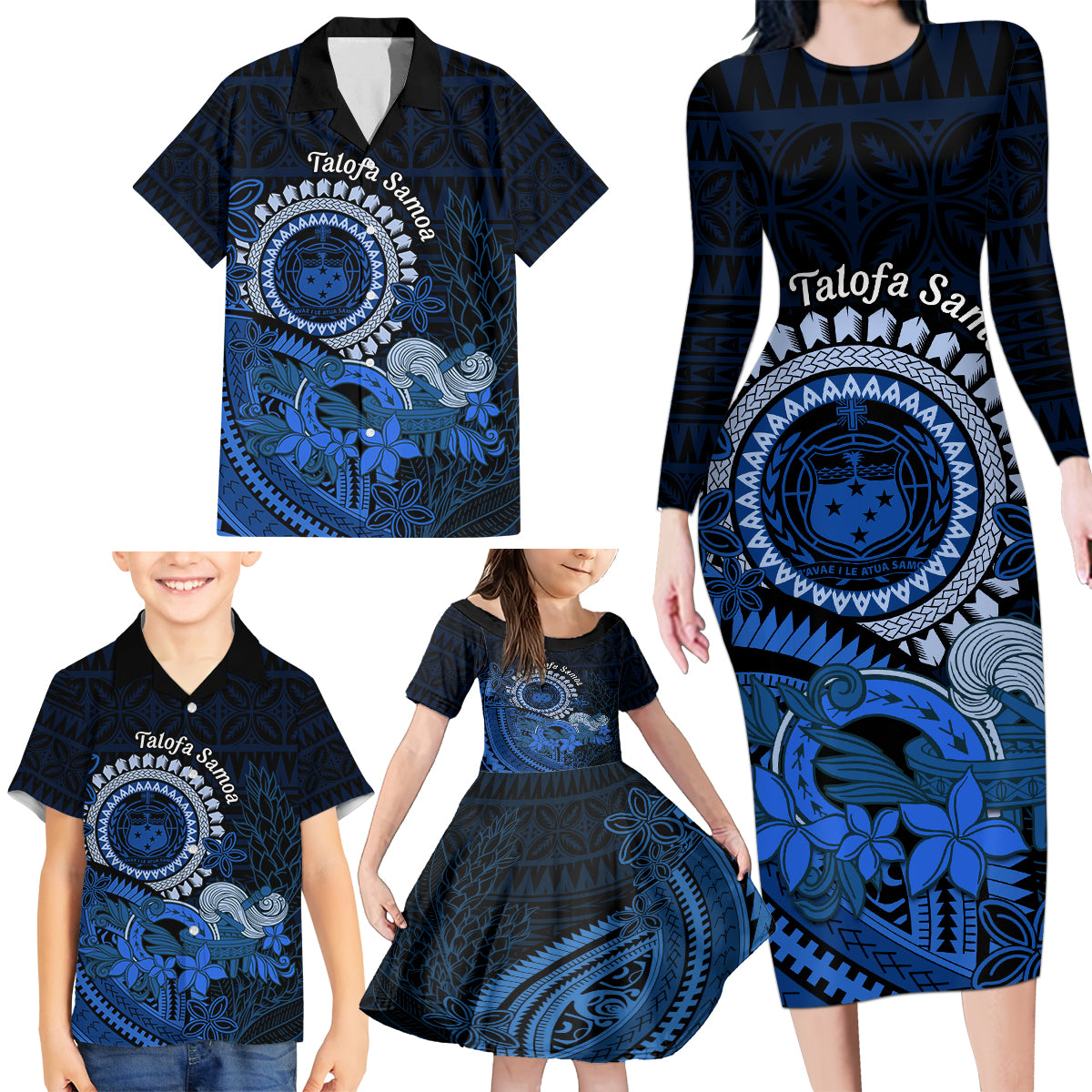 Talofa Samoa Family Matching Long Sleeve Bodycon Dress and Hawaiian Shirt Samoan Kava Bowl Siapo Pattern - Blue LT14 - Polynesian Pride