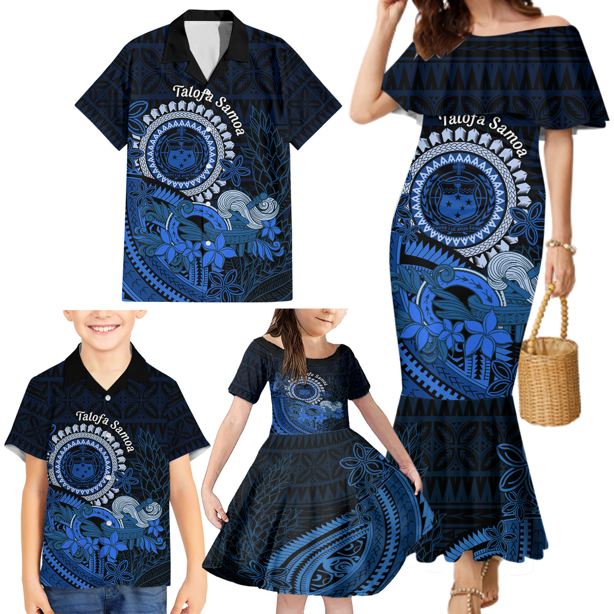 Talofa Samoa Family Matching Mermaid Dress and Hawaiian Shirt Samoan Kava Bowl Siapo Pattern - Blue LT14 - Polynesian Pride