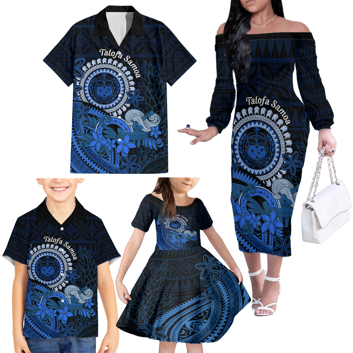 Talofa Samoa Family Matching Off Shoulder Long Sleeve Dress and Hawaiian Shirt Samoan Kava Bowl Siapo Pattern - Blue LT14 - Polynesian Pride