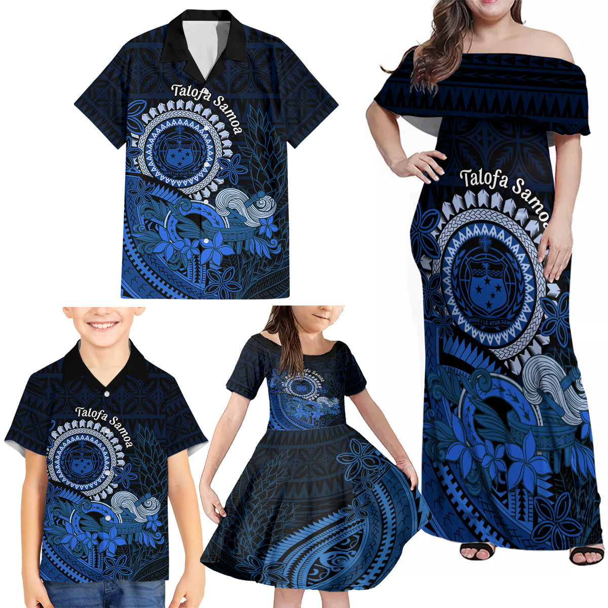 Talofa Samoa Family Matching Off Shoulder Maxi Dress and Hawaiian Shirt Samoan Kava Bowl Siapo Pattern - Blue LT14 - Polynesian Pride