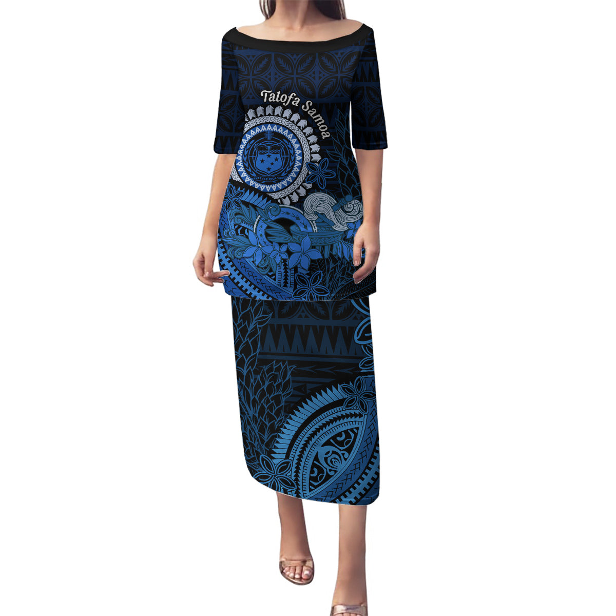 Talofa Samoa Family Matching Puletasi Dress and Hawaiian Shirt Samoan Kava Bowl Siapo Pattern - Blue LT14 Mom's Dress Blue - Polynesian Pride