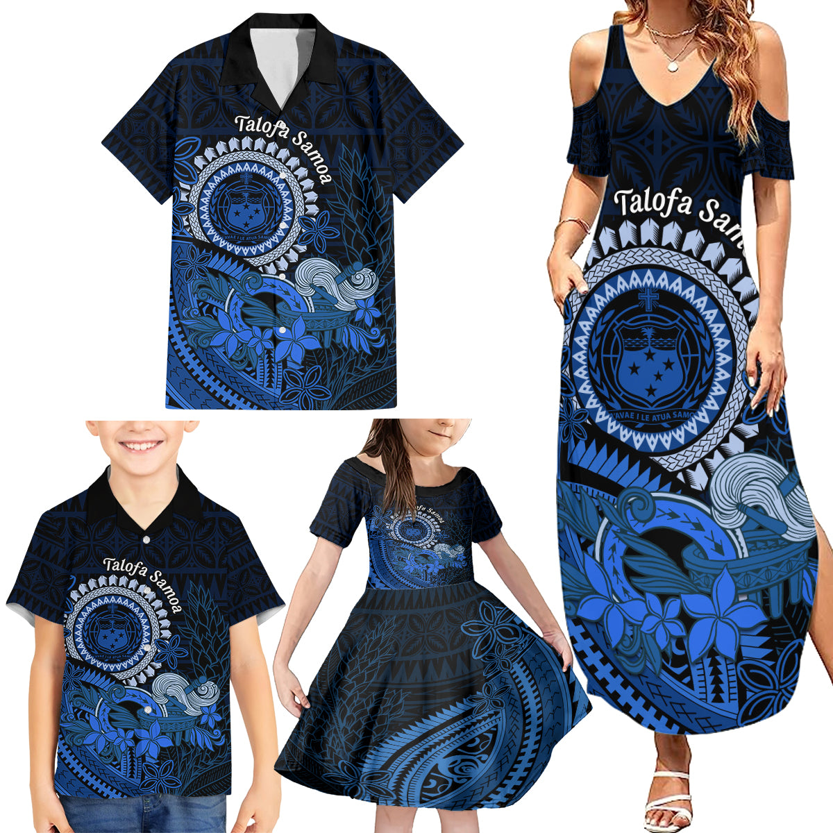 Talofa Samoa Family Matching Summer Maxi Dress and Hawaiian Shirt Samoan Kava Bowl Siapo Pattern - Blue LT14 - Polynesian Pride