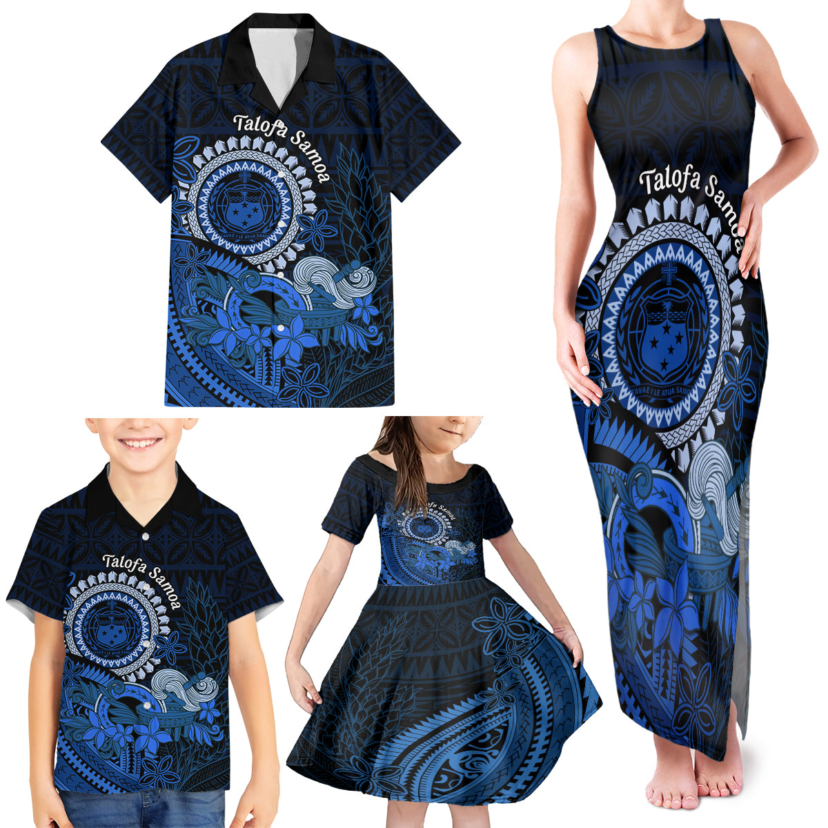 Talofa Samoa Family Matching Tank Maxi Dress and Hawaiian Shirt Samoan Kava Bowl Siapo Pattern - Blue LT14 - Polynesian Pride