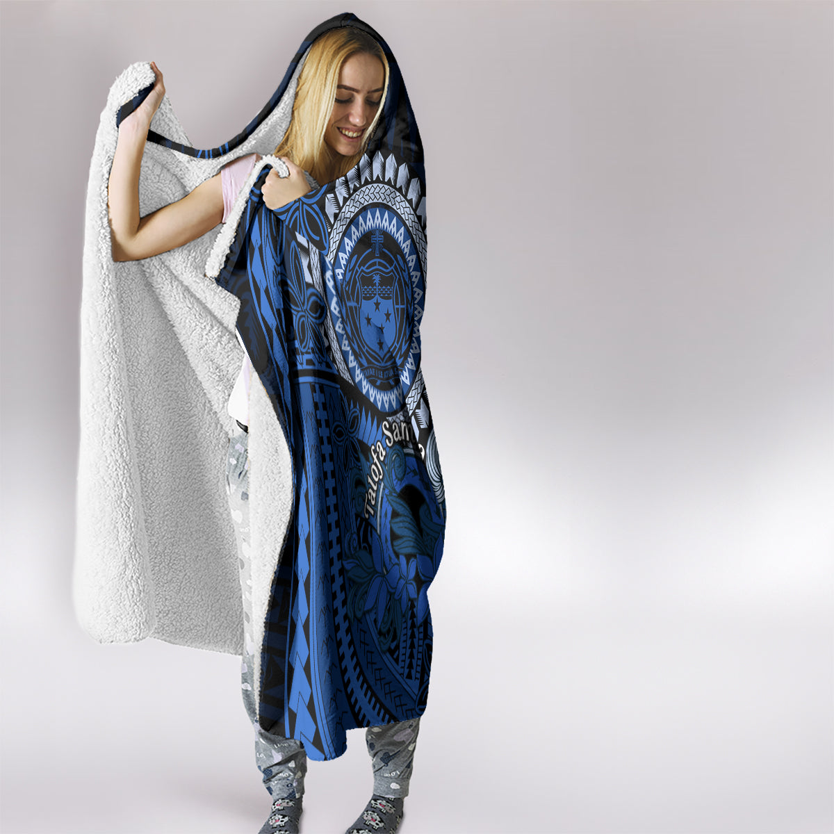 Talofa Samoa Hooded Blanket Samoan Kava Bowl Siapo Pattern - Blue LT14 - Polynesian Pride