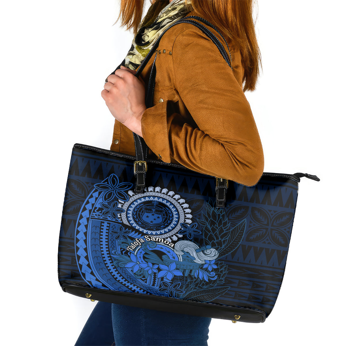 Talofa Samoa Leather Tote Bag Samoan Kava Bowl Siapo Pattern - Blue LT14 Blue - Polynesian Pride