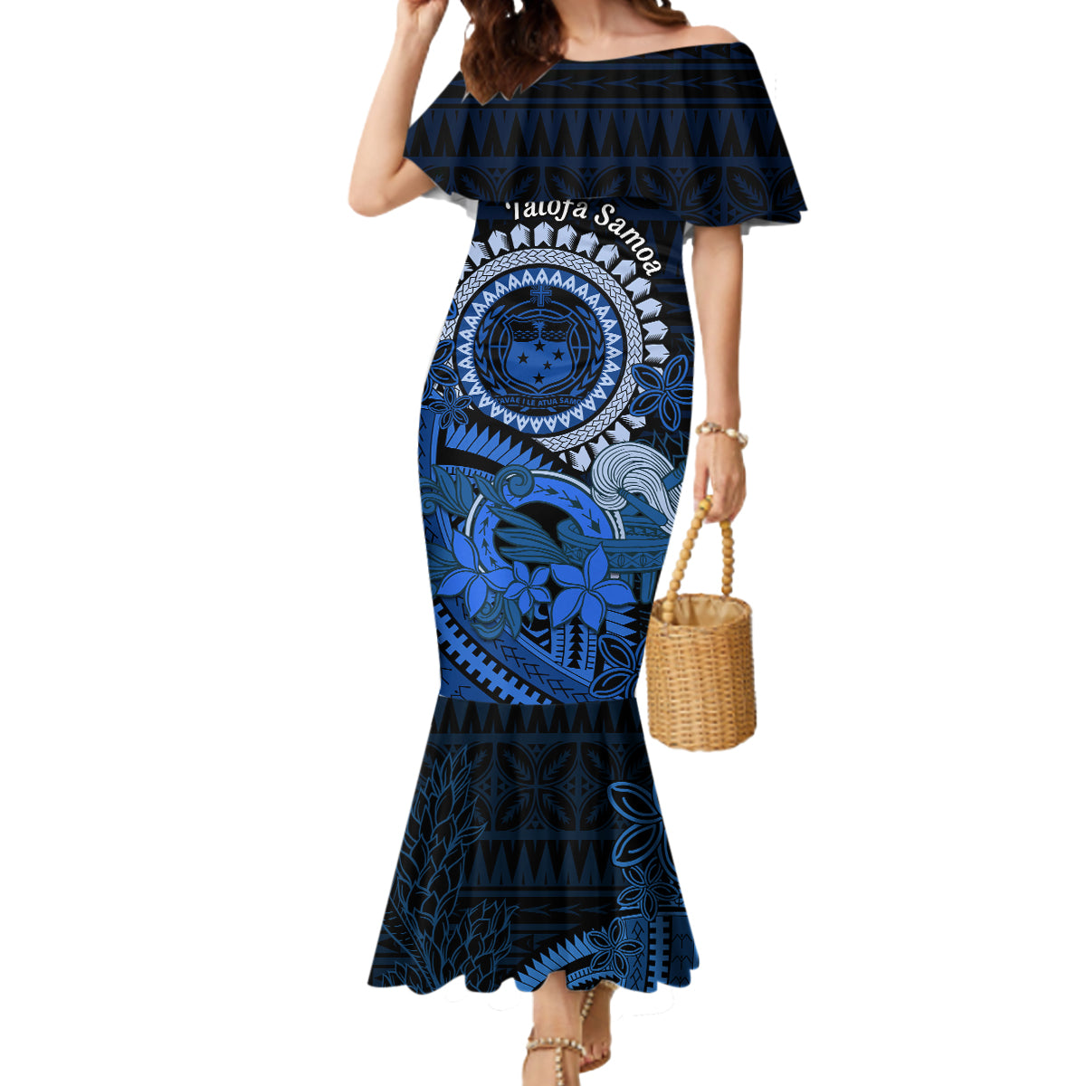 Talofa Samoa Mermaid Dress Samoan Kava Bowl Siapo Pattern - Blue LT14 Women Blue - Polynesian Pride